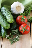 fresh vegetables cucumber, tomato and garlic
