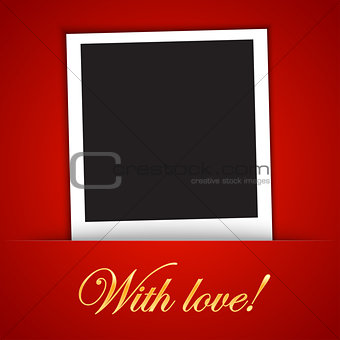 Love card template with blank photo frame on the red background