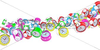 Stream of colored alarm clocks