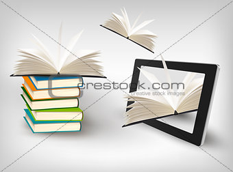 Books flying in a tablet. Vector illustration.