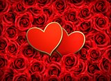 Valentine`s day background. Two hearts on background of  red flo