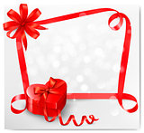 Holiday background with red heart-shaped gift box and ribbon. Ve
