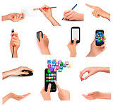  Collection of hands holding different business objects. Vector 