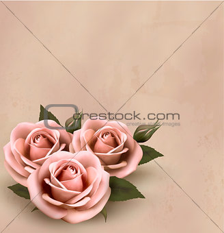 Retro background with beautiful pink roses with buds. Vector ill