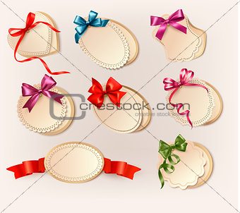 Set of beautiful retro labels with colorful gift bows with ribbo