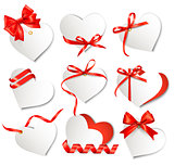 Set of beautiful gift cards with red gift bows and hearts. Valen