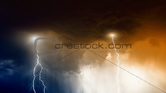 Stormy sky with lightnings and rain
