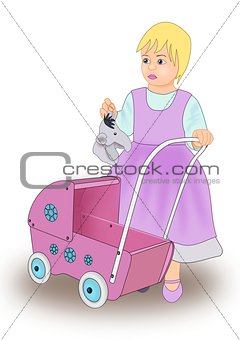 Little Girl with Doll Carriage