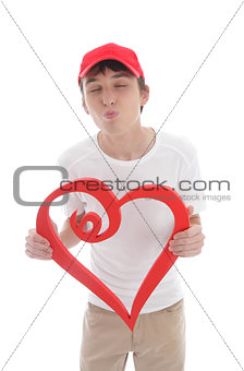 Teen boy red heart puckering up kissing 