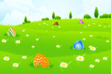 Green Landscape Background with Easter Eggs