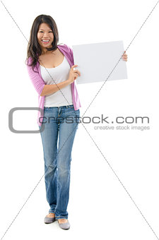Asian woman holding placard