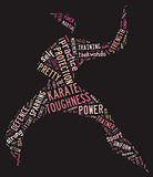 Karate pictogram with pink words on black background
