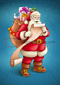 Santa Claus with sack full of gifts reading paper list