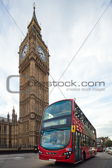 Big Ben with red double-decker in London, UK 