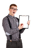Portrait of a young man with clipping board