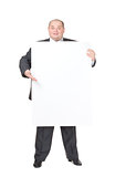 Cheerful overweight man with a blank sign