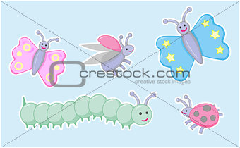 Happy little beetles, butterflies and caterpillar. Also available as a Vector in Adobe illustrator EPS format, compressed in a zip file.