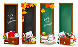 Back to school. Four banners with school supplies and autumn leaves. Vector.
