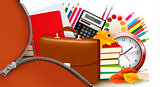 Back to school Background with school supplies and open zipper Vector