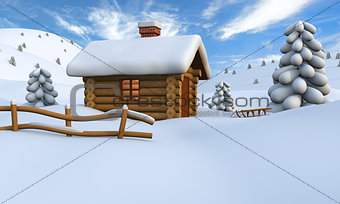 Log cabin in snow