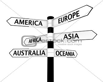 Signpost with continents