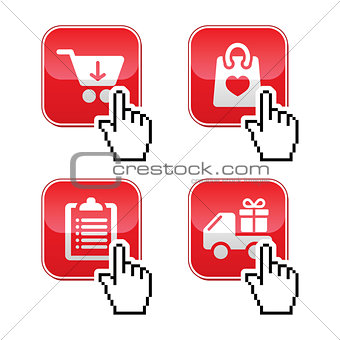 Shopping buttons set with cursor hand icon