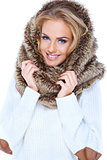 Attractive blond woman wearing fur hood