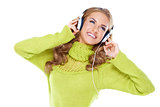 Woman with headphones listen to music