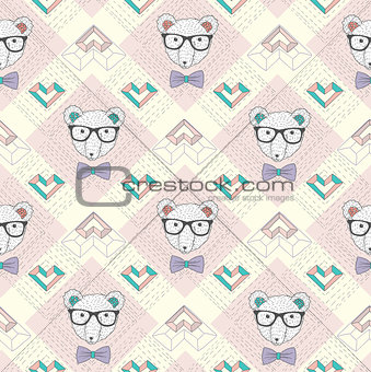 Seamless pattern with hipster polar bear and hearts.