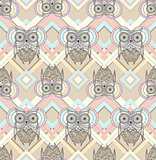 Cute owl seamless pattern with native elements