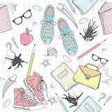 Cute school abstract pattern. Seamless pattern with shoes, bags,