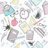 Cute school abstract pattern. Seamless pattern with alarm clock,