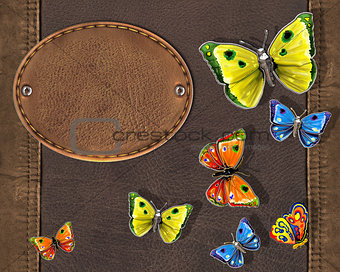 butterflies with label and leahter brown texture