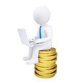 3d man with laptop sitting on a pile of gold coins