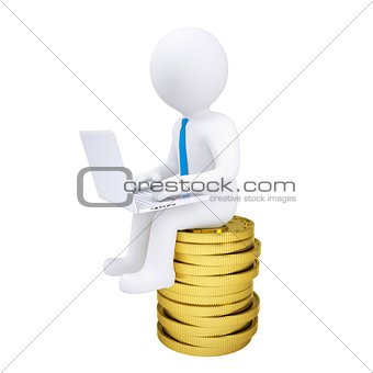 3d man with laptop sitting on a pile of gold coins