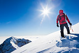 Mountaineer reaches the top of a snowy mountain in a sunny winte