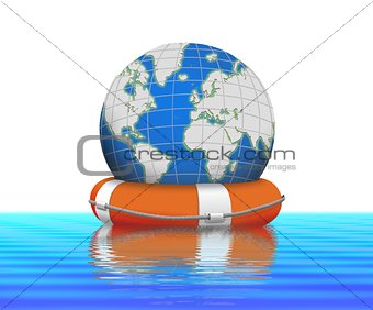 Lifebuoy and earth globe floating in water
