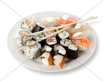 Rolls and sushi in a plate