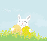 Illustration of happy Easter bunny carrying egg