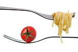 spaghetti and tomato on fork white background