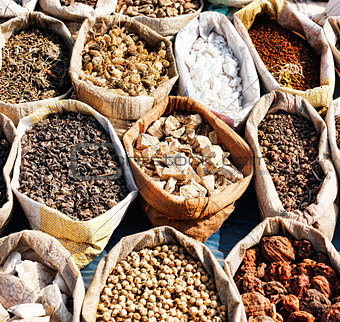Variety of spices in local market in Pushkar