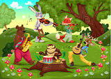 Musicians animals in the wood. 