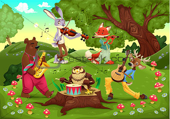 Musicians animals in the wood. 