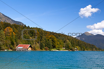 Walchensee lake and autumn forest