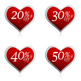 different percentages off discount in red hearts buttons