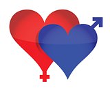 Two illustrated hearts with gender sign