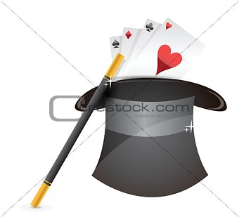 Glossy magic hat, wand and cards