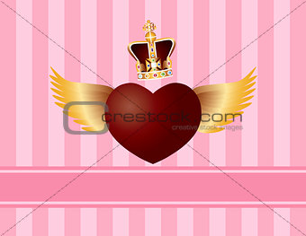 Flying Heart with Wings and Crown on Pink Background