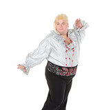 Crazy funny fat man posing wearing a blonde wig