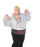 Crazy funny fat man posing wearing a blonde wig